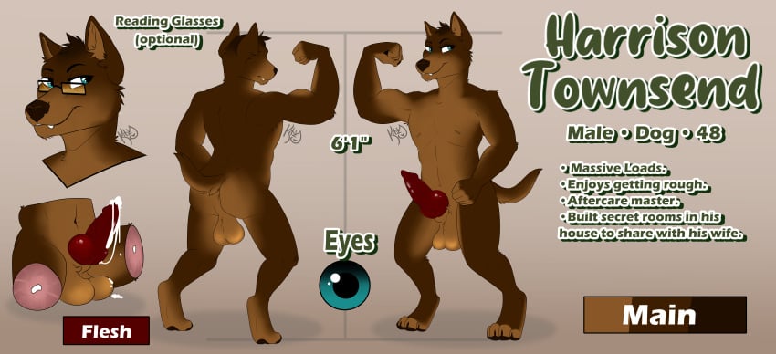 absurd_res animal_genitalia animal_penis anus balls bodily_fluids canid canine canine_genitalia canine_penis canis cum domestic_dog flexing genital_fluids genitals harrison_townsend hi_res knot male mammal model_sheet muscular no_humans penis reading_glasses saggy_balls solo tipzykitzy