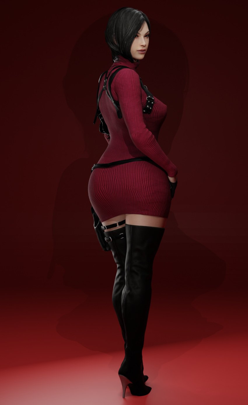 3d ada_wong big_butt capcom creatorst leather_boots medium_breasts nipples_visible_through_clothing resident_evil resident_evil_4 resident_evil_4_remake shoulder_holster turtleneck_dress