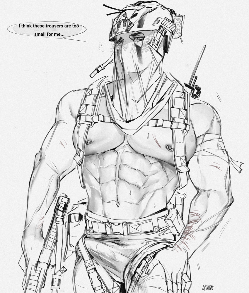 1boy activision bara bara_tits barazoku bulge call_of_duty clothing erection_under_clothes gay gruhhhu könig konig male male_focus male_nipples male_only manly mask masked masked_male modern_warfare muscular_male nipple_piercing nipples penis_outline self_harm_scars solo solo_male yaoi