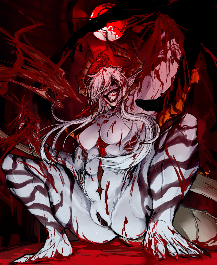 abs absurdres alternate_form baphomet_(nyantcha) black_halo black_sclera blood blood_on_chest body_markings borrowed_character breasts colored_sclera colored_skin commentary completely_nude crazy_eyes demon_girl demon_tail english_commentary female guro hair_over_face halo hemokinesis highres horns horror_(theme) large_breasts long_fingers long_hair long_pointy_ears m_legs mature_female muscular muscular_female nightmare_waifu no_nipples nude original pointy_ears prehensile_tail sharp_teeth sister_almonde_(nyantcha) sluff_(twistedtendril) solo squatting tail teeth torn_skin uncensored very_long_tail white_hair white_horns white_skin