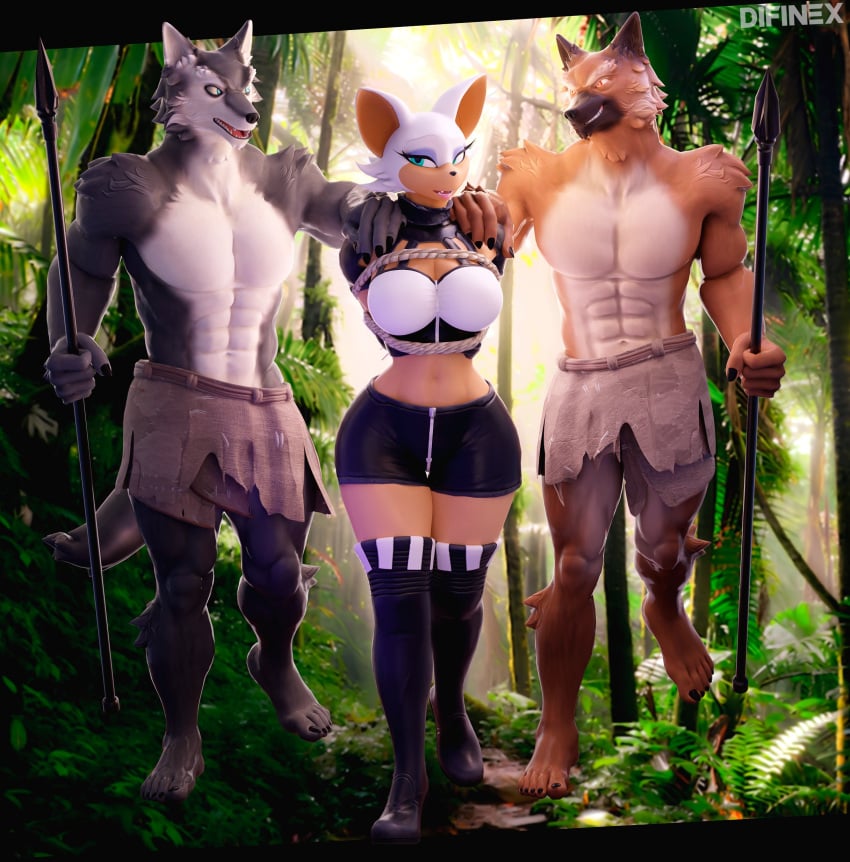 1girls 2020s 2024 2boys 2boys1girl 3d 3d_(artwork) 3d_model anthro anthrofied bat bat_ears big_breasts booty_shorts breasts busty captured clothed clothing difinex female hi_res highres hips hourglass_figure kneehighs male male/female mobian mobian_(species) mobian_bat muscular muscular_male navel outdoors rope rope_bondage rouge_the_bat rouge_the_bat_(two-piece) rouge_the_bat_(warfaremchine) sega short_shorts sonic_(series) sonic_adventure_2 sonic_the_hedgehog_(series) voluptuous wide_hips wolf wolf_boy wolf_ears zipper