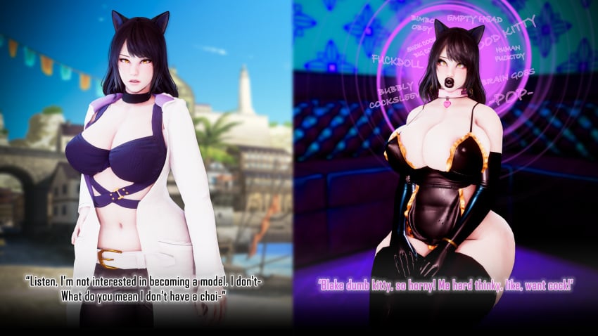 1girls 3d animal_ears arcrad before_and_after big_breasts bimbo bimbo_lips bimbofication black_hair blake_belladonna brainwashed brainwashing breasts busty cleavage collar curvaceous curvy curvy_body curvy_female curvy_figure dumb english english_text female huge_breasts large_breasts rwby slutty_outfit text thick_lips thick_thighs thighhighs thighs voluptuous