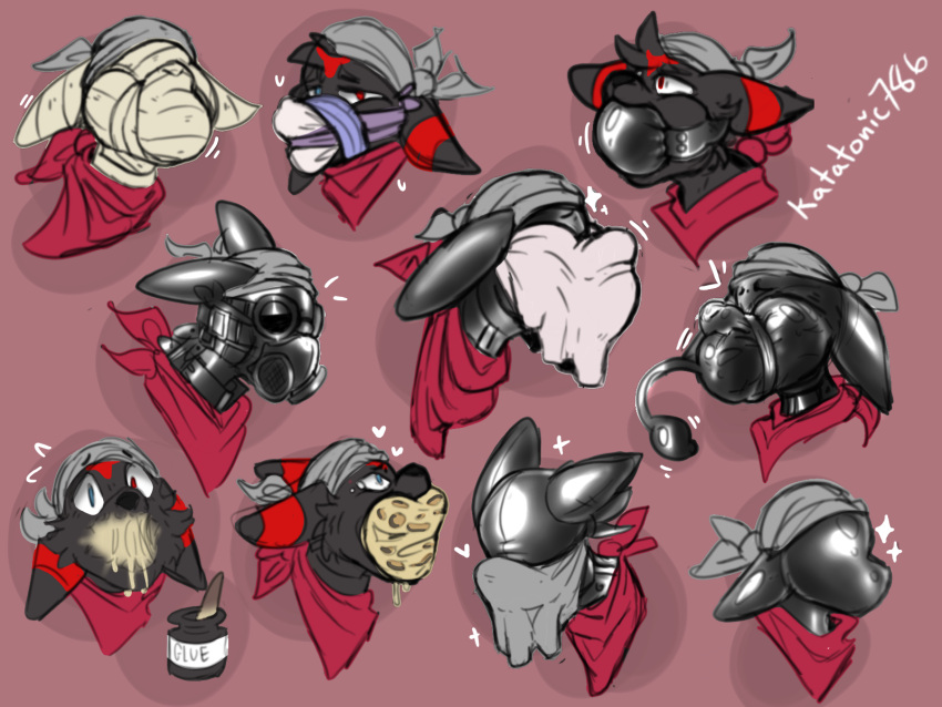 anthro ball_gag bandana black_body black_fur bodily_fluids fur gag gagging gas_mask glue hi_res inflatable_ball_gag inflatable_gag kerchief latex mask muzzle_(object) oversized_ball_gag questionable_consent sensory_deprivation silveratlas solo solo_focus tears