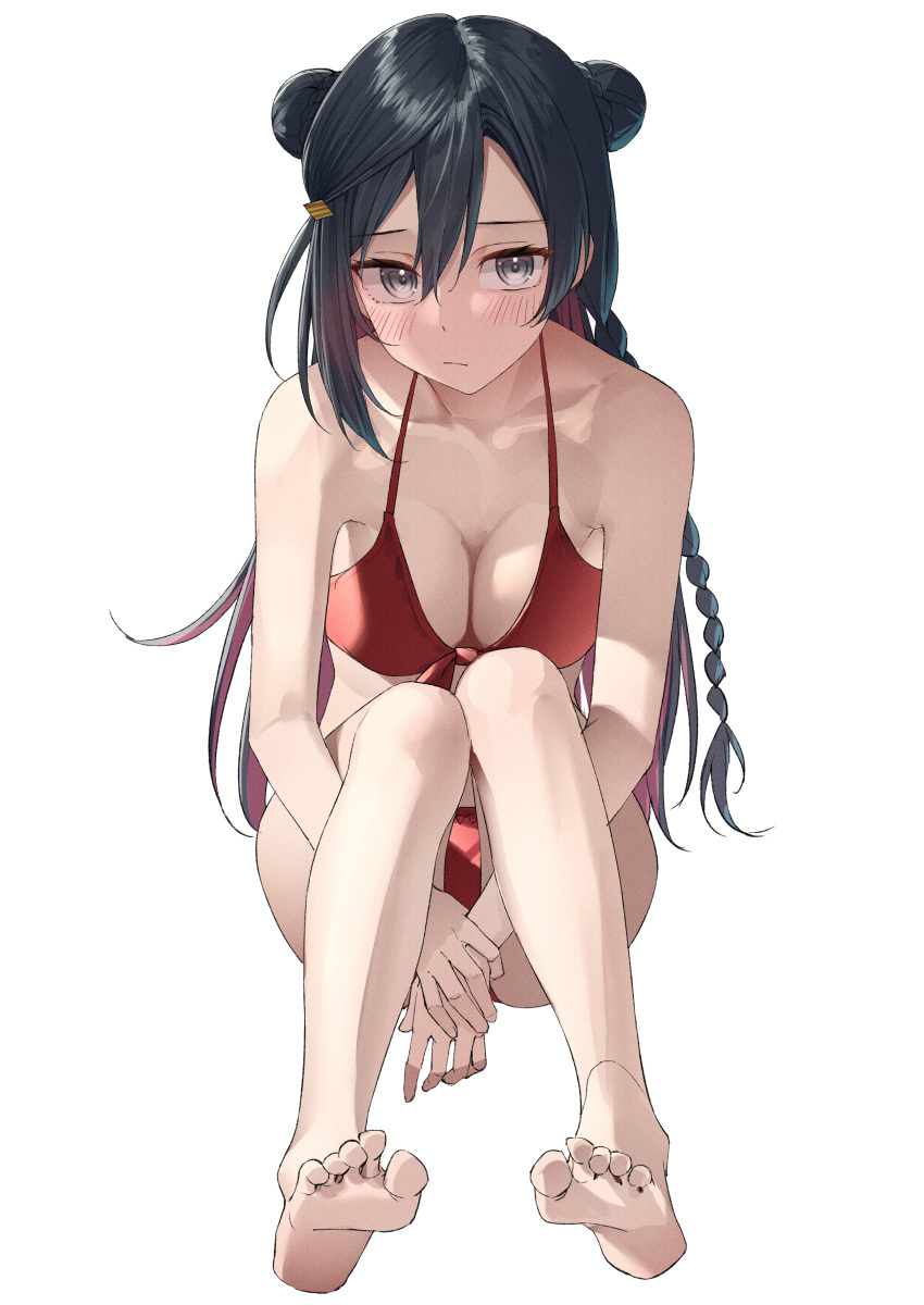 1girls armpits arms_under_legs ass bare_arms bare_legs bare_midriff bare_shoulders bare_thighs barefoot belly bikini black_hair blush braid braided_hair breasts cleavage collarbone cute double_bun embarrassed feet female female_focus female_only grey_eyes hugging_own_legs kawai_ritsu_(rits_meg) knees knees_up legs legs_together light_skin long_hair looking_at_viewer love_live! love_live!_nijigasaki_high_school_idol_club medium_breasts red_swimsuit shy silver_eyes simple_background sitting slender_body slender_waist slim_girl slim_waist soles solo straight_hair string_bikini string_panties swimsuit thighs thin_waist toes twin_buns white_background yuuki_setsuna_(love_live!)