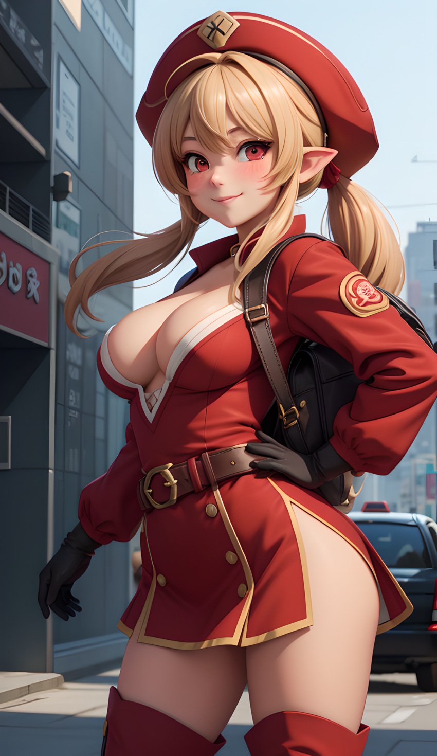 1girls ai_generated blonde_hair blush cleavage clothing cortezian_generations female genshin_impact gloves hand_on_hip hi_res klee_(genshin_impact) patreon red_dress red_eyes smile solo thighs