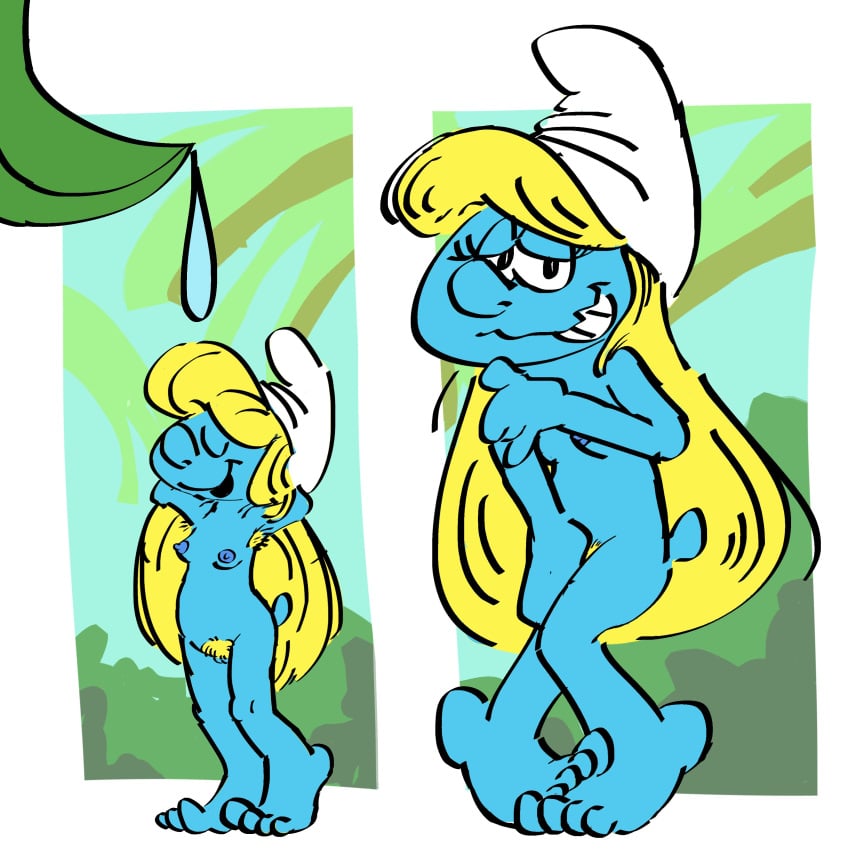 absurd_res armpit_hair body_hair breasts clothing covering embarrassed female genitals hat hat_only headgear headgear_only headwear headwear_only hi_res humanoid mostly_nude nipples not_furry pubes pussy ratsinablanket smurf smurfette solo the_smurfs