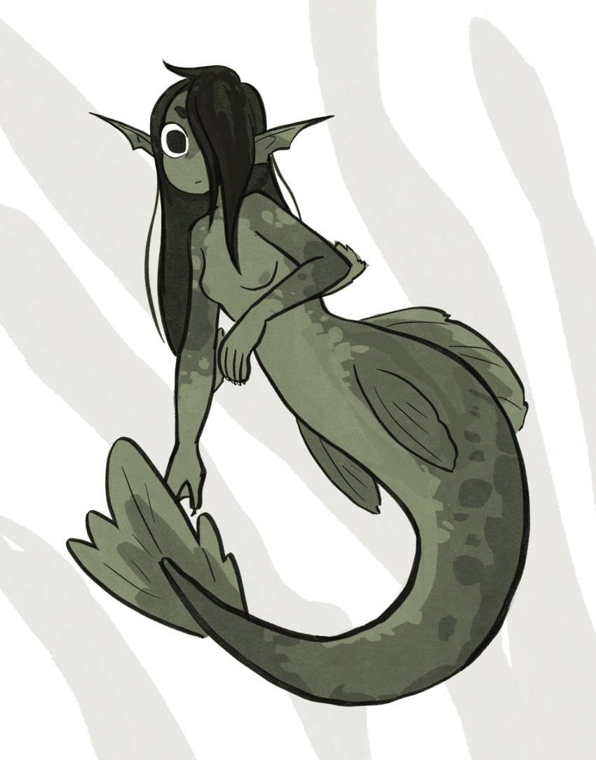 areolae black_hair claws fins fish_ear fish_ears fish_girl green_skin hair hair_over_one_eye mermaid nixie