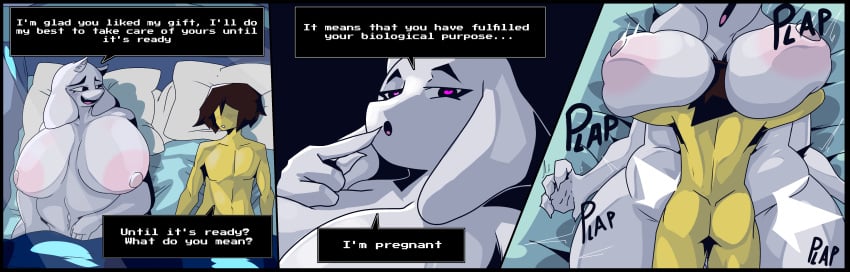 <3_eyes 1boy 1boy1girl 1girls absurd_res anthro ass big_breasts big_butt bovid breasts caprine colored comic deltarune duo fattmana female goat heart hi_res human humanoid kris_(deltarune) larger_female male male/female mammal size_difference thick_thighs toriel undertale undertale_(series) yellow_body