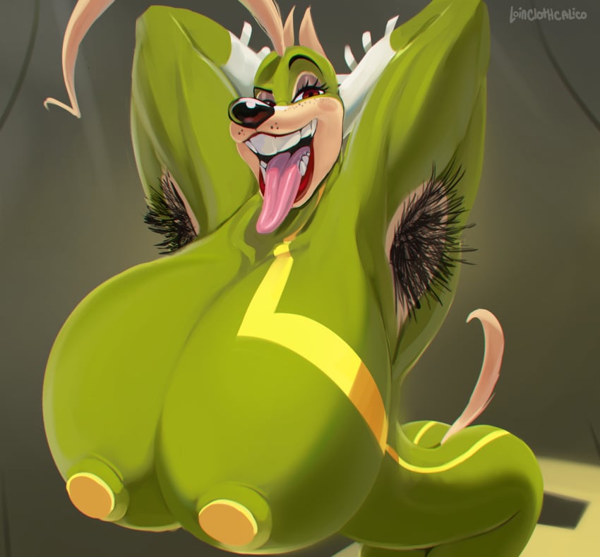 1girls absurd_res alpha_(vimhomeless) anthro arched_back armpit_cutout armpit_hair big_breasts big_teeth black_nose body_hair bodysuit breasts brown_eyes canid canine canis clothing domestic_dog female furry green_bodysuit green_skinsuit hands_behind_head hi_res mammal mask muscular muscular_anthro muscular_female open_mouth portrait skinsuit smile solo solo_female tail three-quarter_portrait tight_clothing tongue tongue_out top_heavy vimhomeless