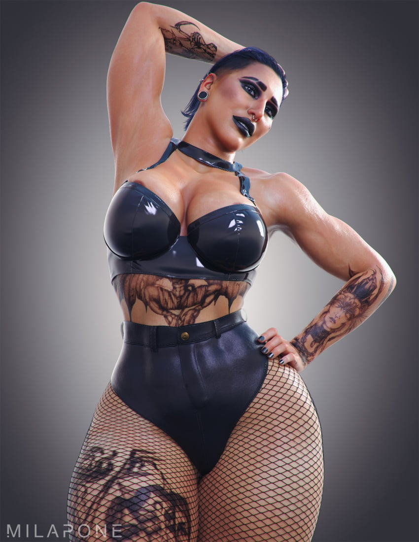 1girls 3d abs ass biceps big_ass big_breasts black_hair black_lipstick black_makeup breasts choker fishnets flexing lipstick makeup milapone muscles muscular muscular_female rhea_ripley tattoo tattoos thick_thighs wwe