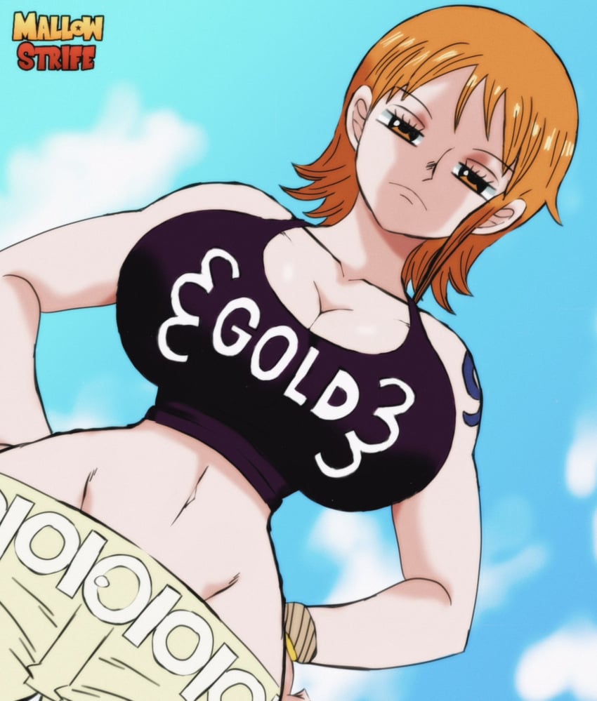 big_breasts big_hipped big_hips breasts cleavage fat_breasts female female_only flat_belly hips huge_hips large_breasts large_hips long_ring_long_land mallow_strife nami nami_(one_piece) one_piece one_piece:_the_giant_mechanical_soldier_of_karakuri_castle orange_hair pov pre-timeskip shounen_jump tagme wide_hips