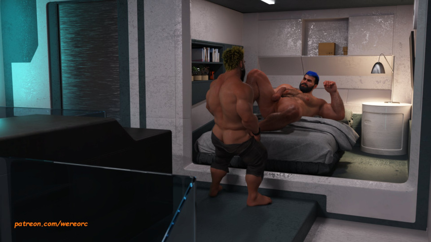 2boys 2humans 3d 3d_(artwork) 3d_model bara bara_tiddies bara_tits blue_hair dwarf erect_penis erection gay gay_kissing hard_on imminent_sex indoor_nudity indoors kissing making_out male male/male male_focus male_only manly masculine muscles muscular muscular_male naked naked_male nude nude_male oc original original_characters sensual sexual_tension undressing undressing_self wereorc_(artist) yellow_hair