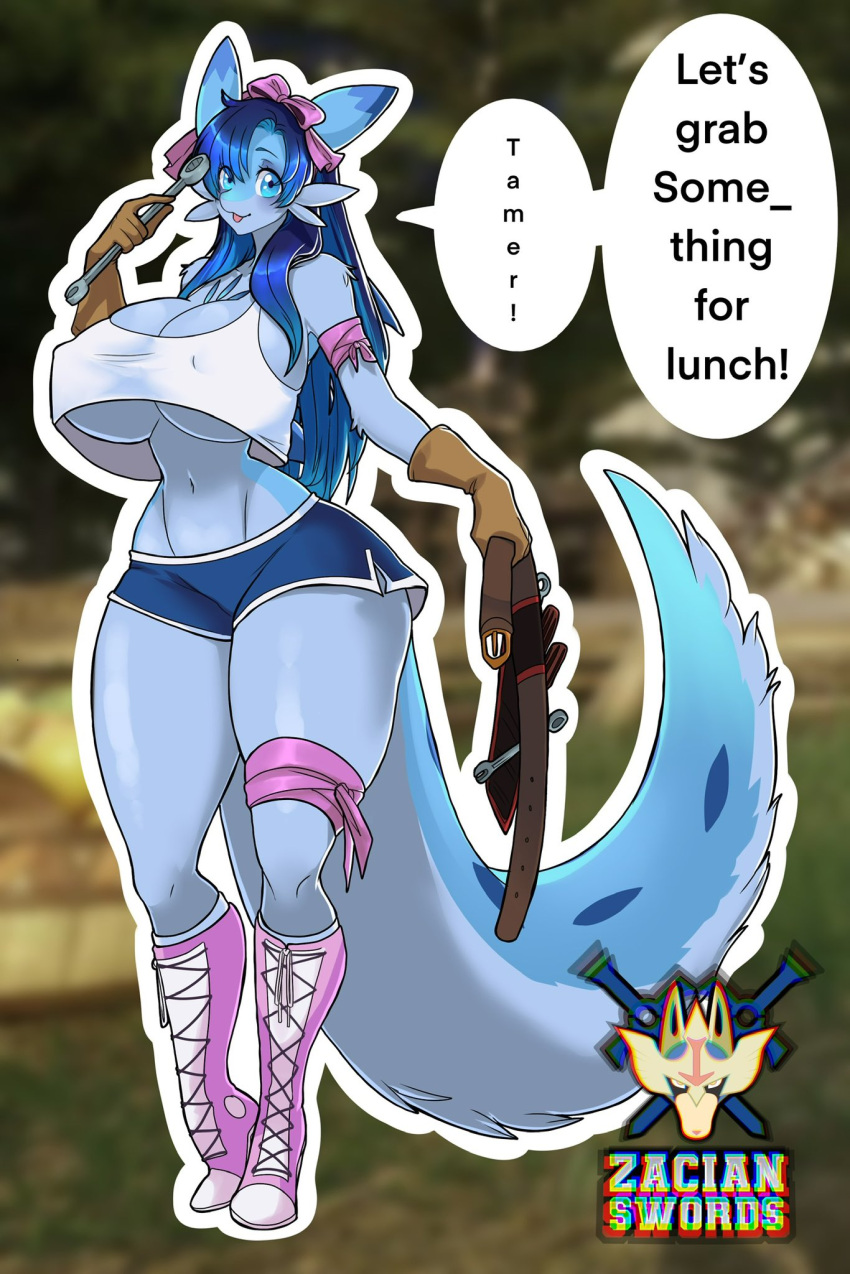 animal_ears anthro ass big_ass big_breasts big_thighs blue_body blue_eyes blue_hair blue_skin boots breasts chillet cute dialogue dialogue_box female female_only fur furry gigantic_ass gigantic_breasts gigantic_thighs huge_ass huge_breasts huge_thighs humanoid long_hair looking_at_viewer pal_(species) palworld shirt shorts solo tail text thick_hips thick_thighs thighs zacianswords