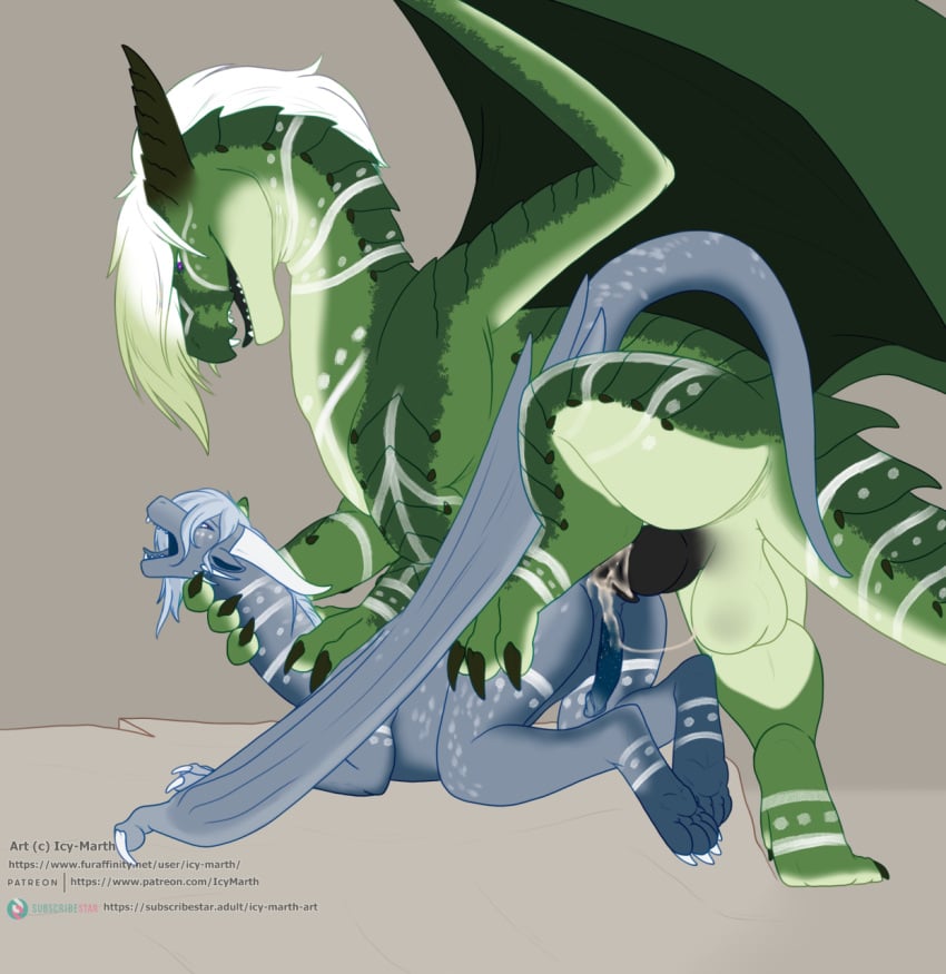 anal anus balls bodily_fluids bodypaint cum dragon feral genital_fluids genitals hi_res icy-marth knot male male/male penis sex size_difference slit vynn_(icy-marth)