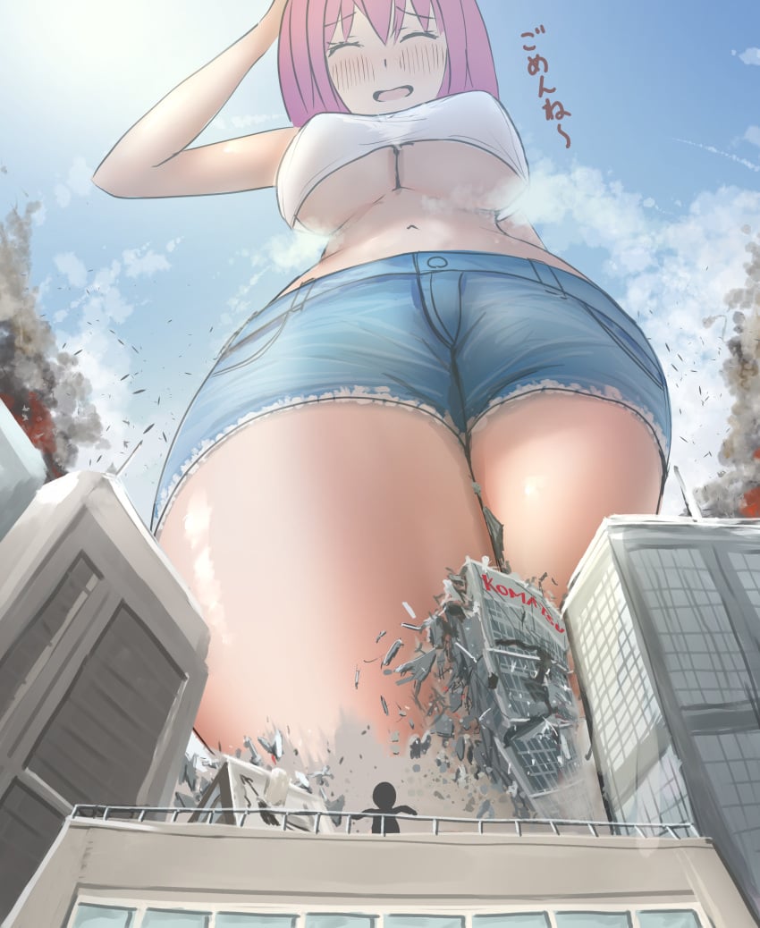 1girls big_breasts blush blush breasts building_destruction city_destruction closed_eyes destruction embarrassed embarrassed_female exposed_midriff female female_focus female_only giantess iori_komatsu light-skinned_female light_skin looking_down midriff pink_hair solo solo_female solo_focus thick_thighs thighs underboob