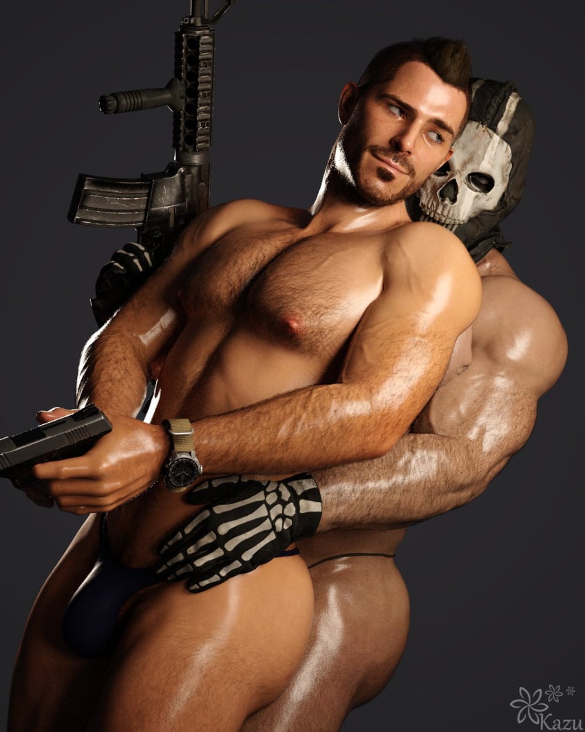 activision artillery black_string_bikini black_underwear blue_eyes bulge bulge_through_clothing call_of_duty call_of_duty_modern_warfare_2_(2022) firearm firearms gay ghost_(modern_warfare_2) gun guns hairy hairy_body hairy_male homoerotic infinity_ward johnny_mactavish kazuworks masked masked_male scantily_clad simon_riley skimpy_swimwear soap_(modern_warfare_2) string_bikini wristwatch