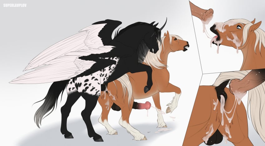 alicorn alterion_(alter) anal anatomically_correct anatomically_correct_genitalia anatomically_correct_penis animal_genitalia animal_penis anus appaloosa ass balls black_anus black_balls bodily_fluids brown_body cum cum_in_ass cum_in_mouth cum_inside cum_on_butt cum_on_face cum_string dolehest duo equid equine equine_anus equine_genitalia equine_penis erection feathered_wings feathers fellatio feral feral_on_feral feral_penetrated feral_penetrating feral_penetrating_feral flared_penis fur genital_fluids genitals hair hi_res hooves horn horse intraspecies male male/male male_penetrated male_penetrating male_penetrating_male mammal maxym_(bloopertrooper) oral penetration penile penile_penetration penis puffy_anus sex superlavplov tail white_hair wings