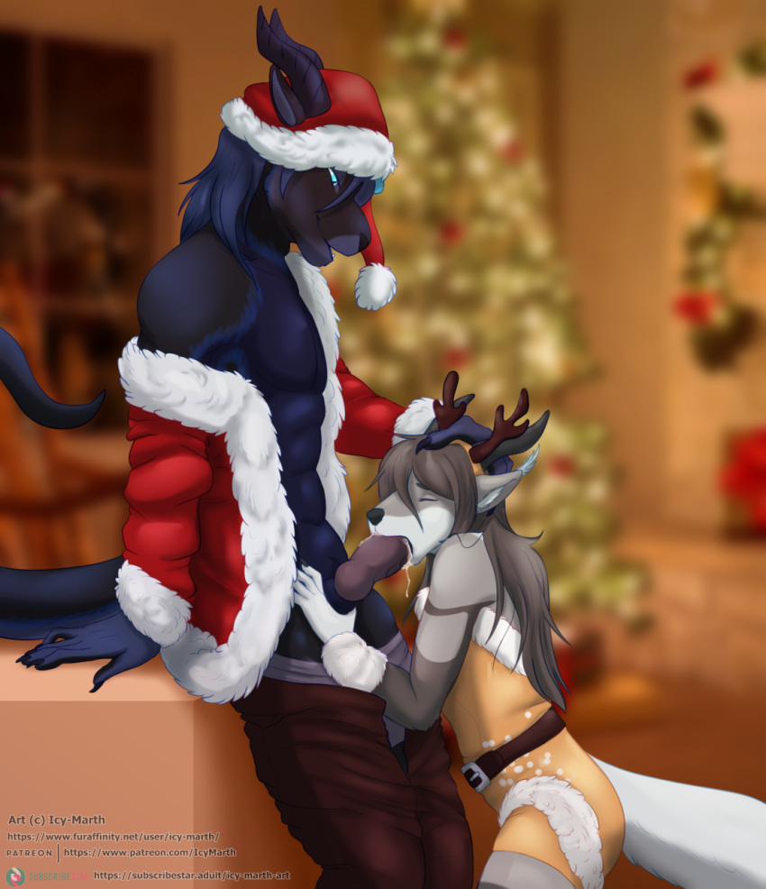 anthro balls canid canine christmas corvin_(daedalus_darkblade) dragon drulttur felid feline genitals hi_res holidays hybrid icy-marth knot male male/male mammal okami_(icy-marth) oral penis sex