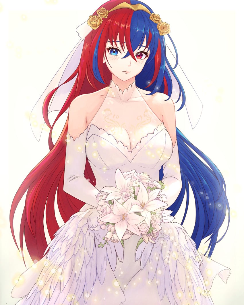 1girls absurdres alear_(female)_(fire_emblem) alear_(fire_emblem) bare_shoulders blue_eyes blue_hair blush bouquet braid breasts bridal_veil cleavage cowboy_shot crossed_bangs crown_braid dress elbow_gloves female female_only fire_emblem fire_emblem_engage flower gloves hair_between_eyes hair_flower hair_ornament heterochromia highres holding holding_bouquet long_hair looking_at_viewer medium_breasts multicolored_hair nintendo red_eyes red_hair simple_background smile solo split-color_hair tiara truejekart two-tone_hair veil wedding_dress white_dress white_flower