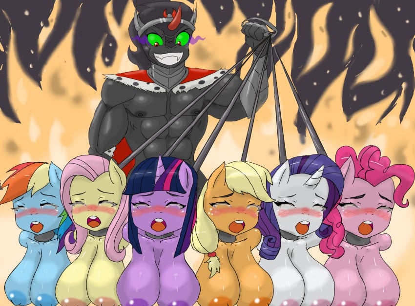 anthro anthrofied applejack_(mlp) big_breasts blush bodily_fluids breasts domination equid equine female fire fluttershy_(mlp) friendship_is_magic group hi_res horn horse huge_breasts king_sombra_(mlp) male male/female mammal muscular muscular_male my_little_pony pinkie_pie_(mlp) rainbow_dash_(mlp) rarity_(mlp) tears tiroil twilight_sparkle_(mlp) unicorn