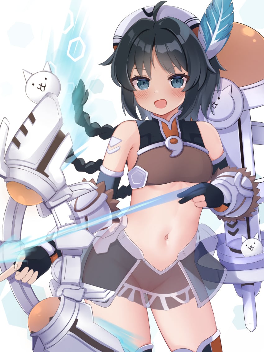 :d absurdres ahoge arrow_(projectile) black_eyes black_hair blush bow_(weapon) braid commentary contrapposto cowboy_shot crop_top female female_only flat_chest gloves hair_intakes hat hat_feather highres holding holding_arrow holding_bow_(weapon) holding_weapon huntress_terun long_hair looking_at_viewer magatama navel nekopurin_(nyanko_prin) no_panties nyanko_daisensou open_mouth partially_fingerless_gloves pussy see-through see-through_shirt see-through_skirt simple_background skirt smile solo stomach the_battle_cats thighhighs weapon white_background