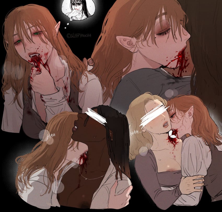 biting_neck black_hair blacked_out_eyes blonde_female blonde_hair blonde_hair blonde_hair_female blood censored_eyes clothed clothed_female multiple_girls neck_bite neck_biting neckbite nipple_peek nipple_slip orange_hair sensual sleepymocha vampire vampire_girl yuri yuri yuri