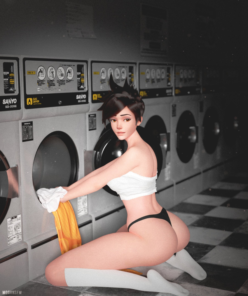 1girls 2023 3d big_breasts big_butt brown_hair bubble_butt cleaning clothed clothed_female ear_piercing female female_only hourglass_figure knee_high_socks kneeling kneeling_on_ground laundromat laundry looking_at_viewer looking_back_at_viewer mogunsfw overwatch overwatch_2 shapely short_hair skinny skinny_female socks solo spiked_hair strapless_top thong thong_panties tracer