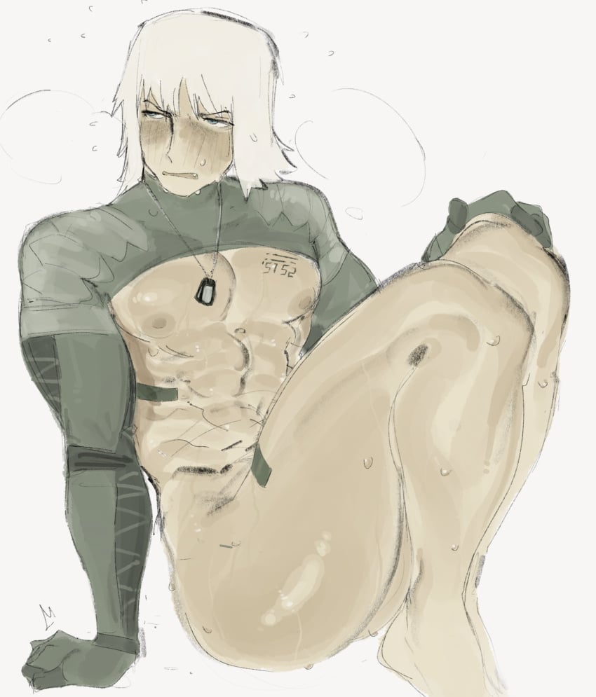 1boy bawlboxer dog_tags dogtag dogtags khentaiu khentart male male_only metal_gear_solid metal_gear_solid_2 muscle muscles muscular muscular_male naked naked_male no_visible_genitalia nude nude_male raiden_(metal_gear) sweat sweaty sweaty_body white_hair