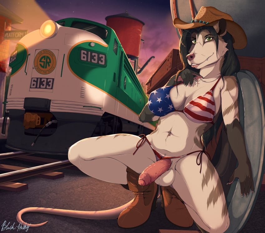 1futa american_flag_bikini american_opossum anthro balls bikini bikini_bulge black-husky bodily_fluids boots breasts clementine clothing clothing_aside cowboy_boots cowboy_hat cross cross_necklace crouching dickgirl dripping footwear foreskin fur futanari genital_fluids genitals green_eyes hat headgear headwear hi_res jewelry long_tail looking_at_viewer mammal marsupial navel navel_piercing necklace outside panties panties_aside penis piercing pink_tail precum precum_drip presenting railway_track smile solo spread_legs spreading swimwear tail train trans_woman_(lore) underwear underwear_aside vehicle whiskers white_body white_fur