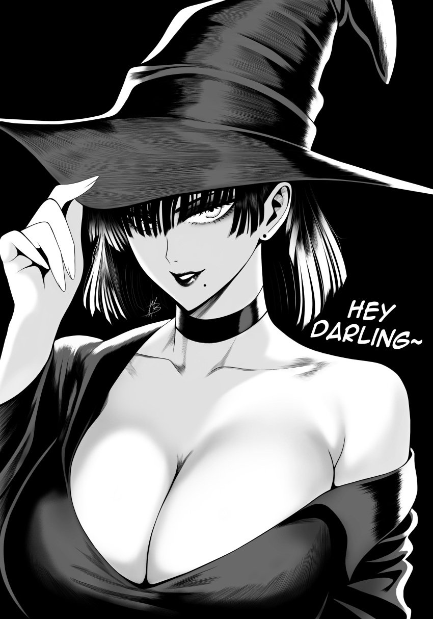 1girls big_breasts cleavage clothed clothing color english_text female female_only fubuki_(one-punch_man) hi_res large_breasts light-skinned_female light_skin lipstick looking_at_viewer monochrome mostlybluewyatt one-punch_man short_hair solo solo_female tagme text witch witch_hat