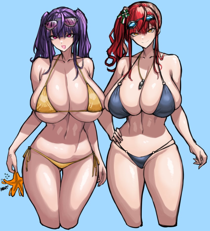 2girls azur_lane belly_button bikini blue_hair breasts colored_sketch female female_only huge_breasts large_breasts light-skinned_female light_skin long_hair multiple_girls naughty_face pola_(azur_lane) pola_(seaside_coincidence)_(azur_lane) red_hair sardegna_empire_(azur_lane) side_ponytail twintails wolffeld_price zara_(azur_lane) zara_(poolside_coincidence)_(azur_lane)