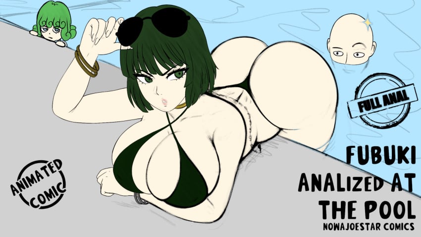 1boy 2girls ass big_ass big_breasts big_butt bikini bikini_top catered3214 color colored curvy_female edit female fubuki_(one-punch_man) glasses_on_head green_eyes hi_res hourglass_figure large_breasts male multiple_girls nowajoestar one-punch_man peeping pool saitama staring tatsumaki thong wide_hips