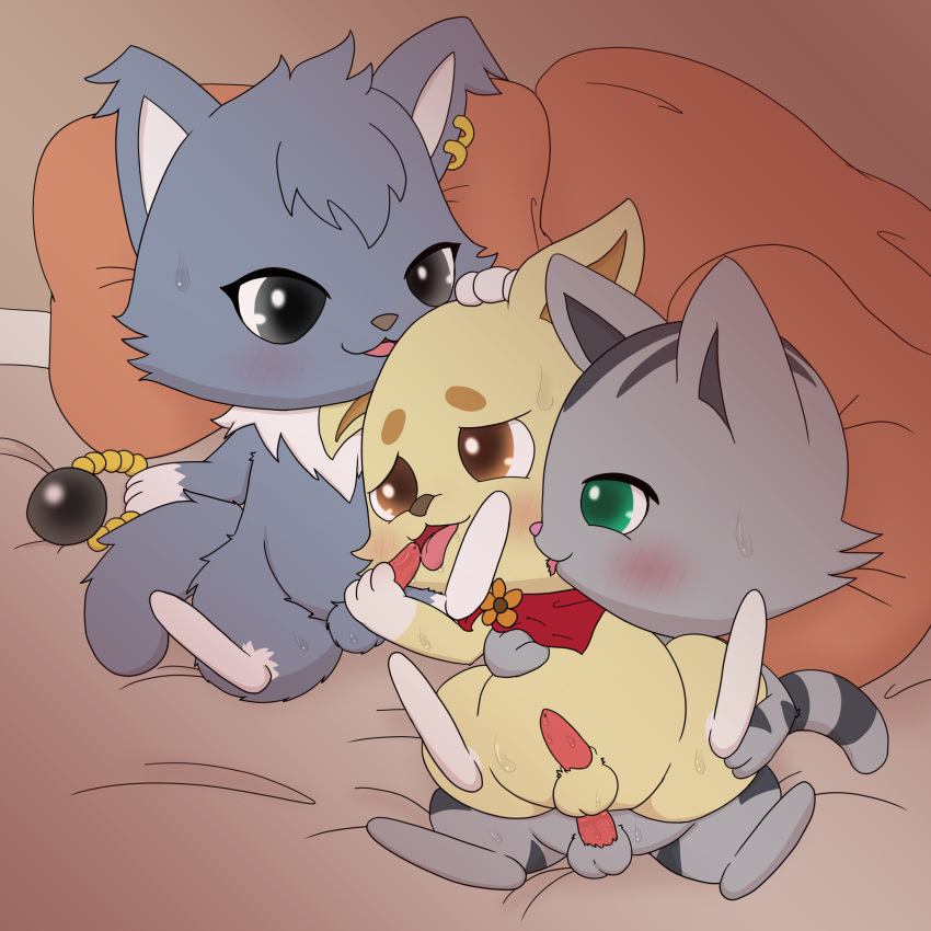 anal anal_sex anthro bandana blush canid canine canis dian_(jewelpet) domestic_cat domestic_dog felid feline felis fur genitals green_eyes grey_body grey_fur group hi_res improbable_(artist) jewelpet jewelpet_(species) kerchief kohaku_(jewelpet) male male/male mammal penetration penile penile_penetration penis penis_in_ass pillow sanrio sega sega_toys stripes tour_(jewelpet) trio yellow_body yellow_fur