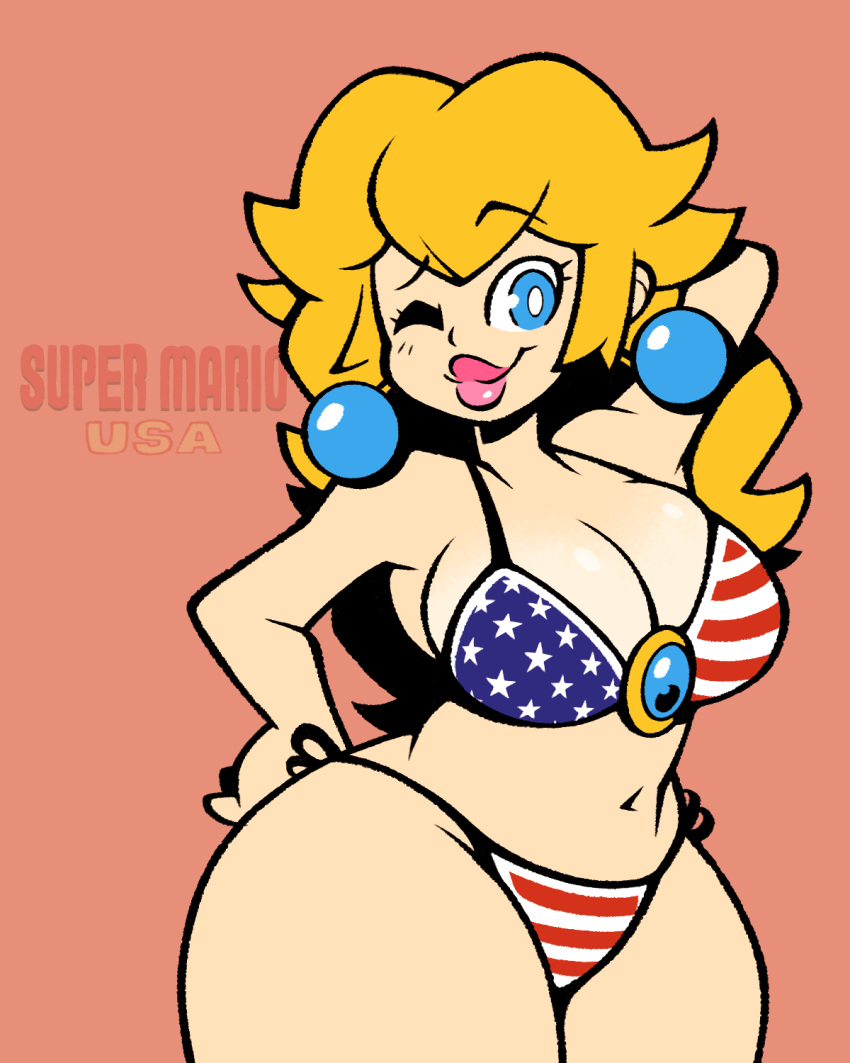 1girls american_flag_bikini blonde_hair blue_eyes curvy curvy_female legendofnerd mario_(series) princess_peach solo wide_hips