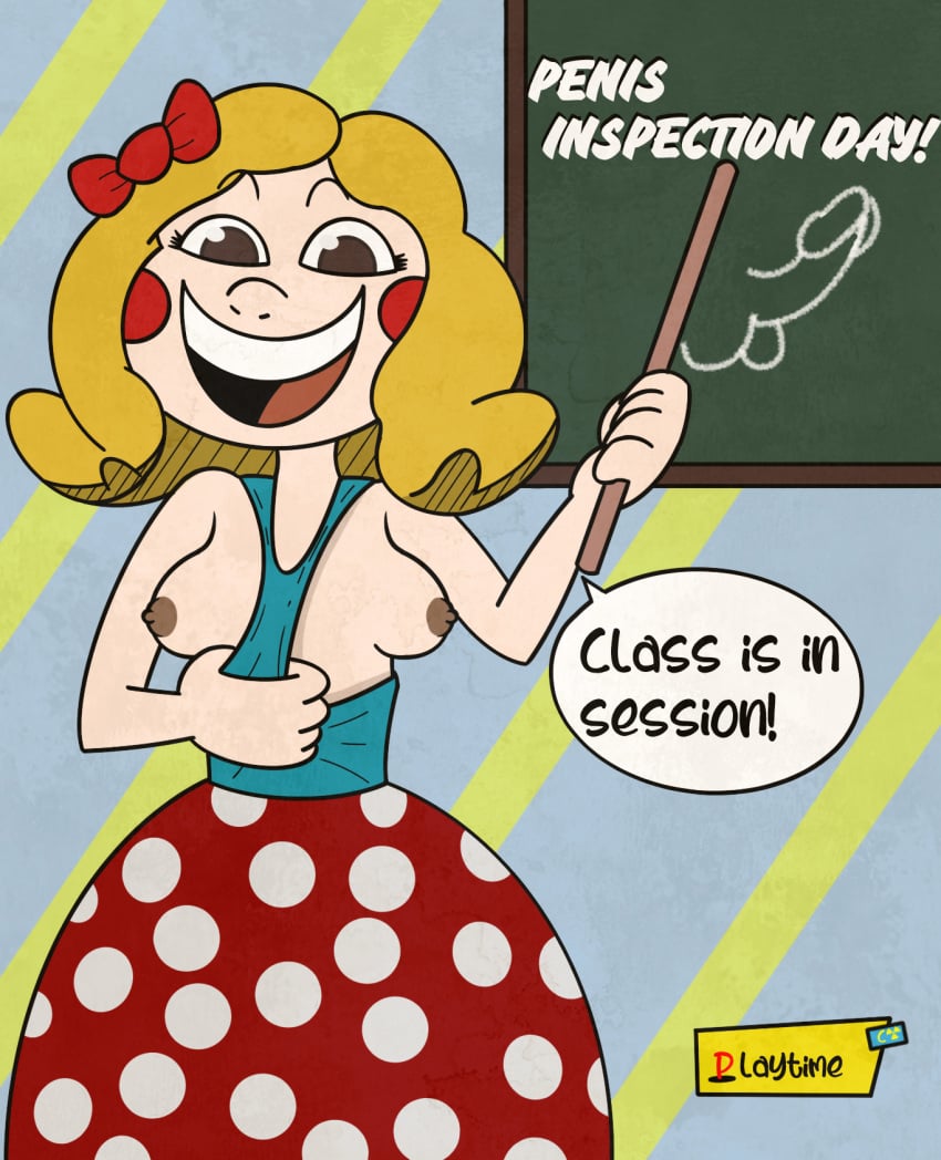 2024 2d 2d_(artwork) 2d_artwork blonde_hair bow breasts brown_eyes chalkboard cheek_spots digital_media_(artwork) doll exposed_breasts female female_only hair_bow happy_female looking_at_viewer miss_delight mob_entertainment nipples no_bra open_mouth open_smile penis_inspection_day polka_dot poppy_playtime poppy_playtime_(chapter_3) shawnlabomb smiling smiling_at_viewer teacher