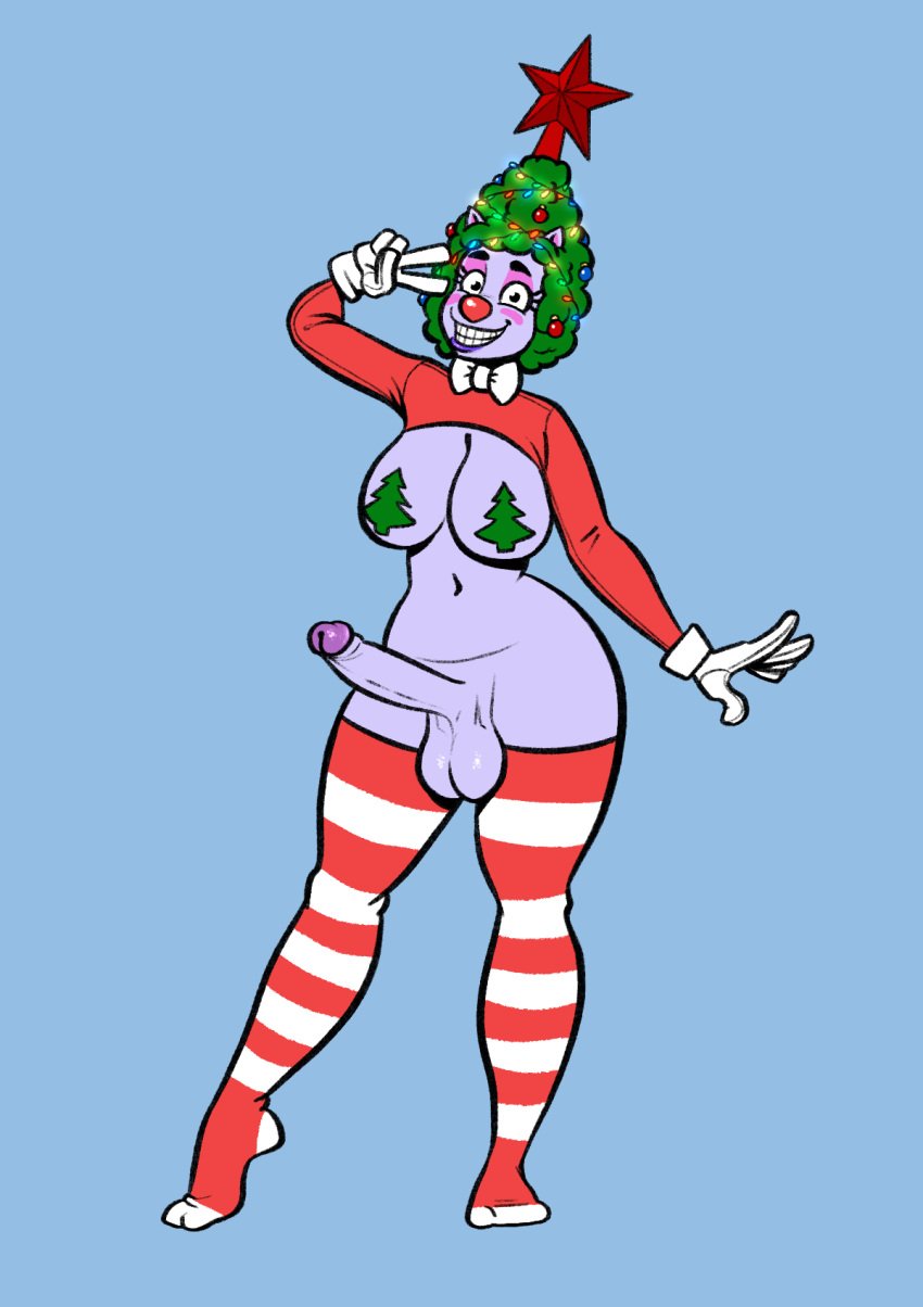 1futa balls breasts clown_girl clown_nose covered_nipples deedee_(kostos_art) futa_only futanari gloves green_hair kostos_art legwear looking_at_viewer nude penis purple_skin smiling topwear topwear_lift