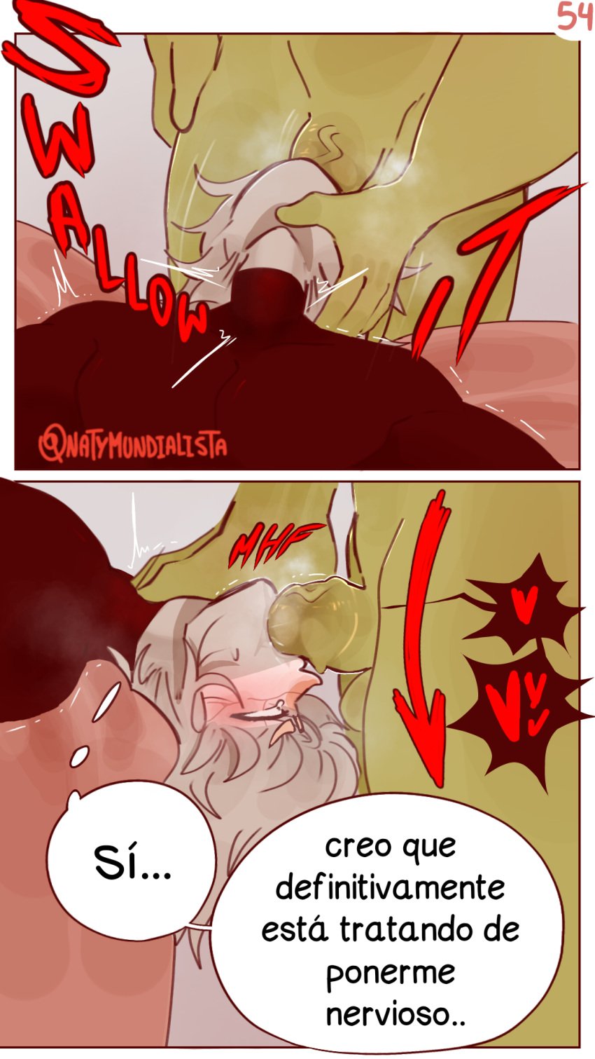 2boys argentina_(countryhumans) blowjob brazil_(countryhumans) comic comic_page countryhumans couple cum deepthroat gay kinky_naty male married_couple on_bed oral page_54 page_number precum spanish_text submissive_male throat_swabbing