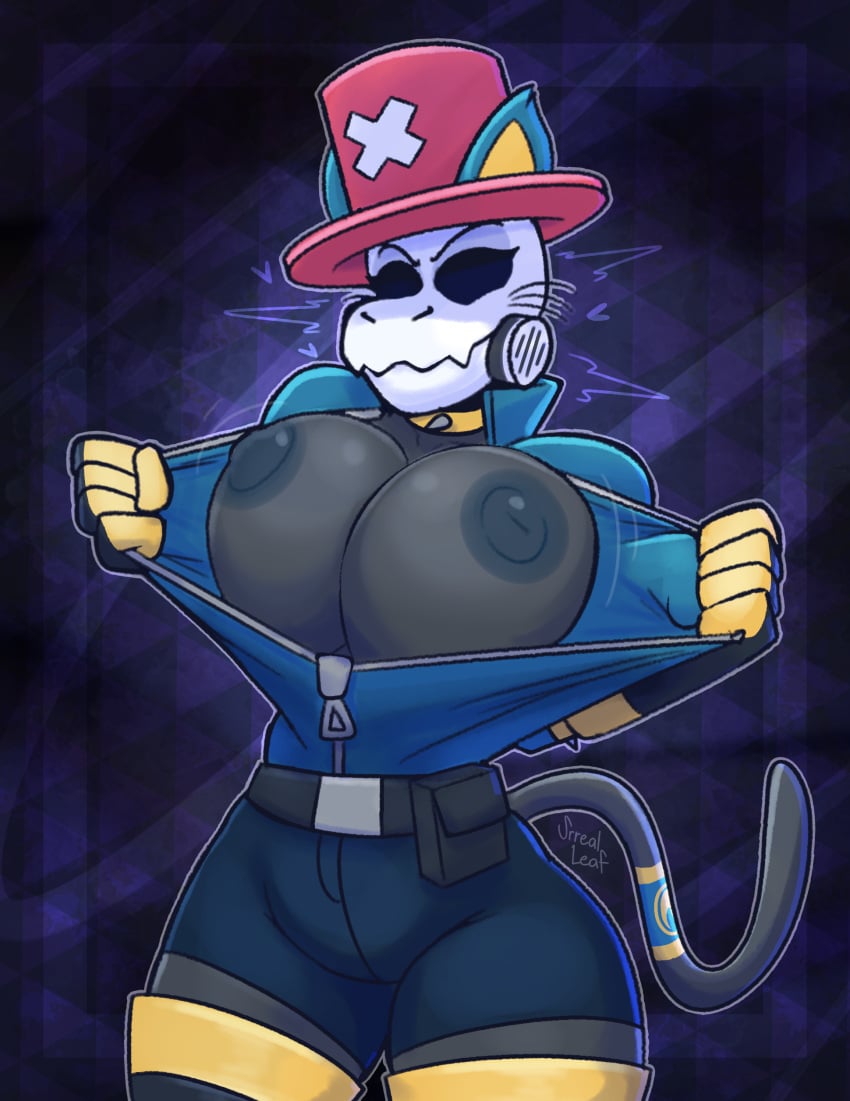 absurd_res anthro big_breasts big_nipples bone breasts caracal caracal_(genus) clothing collar exposed_breasts felid feline female fempyro flashing_breasts flopyro hat headgear headwear hi_res huge_breasts humanoid mammal nipples pulling_clothing skull skull_head solo solo_focus srrealleaf tail zipper zipper_down