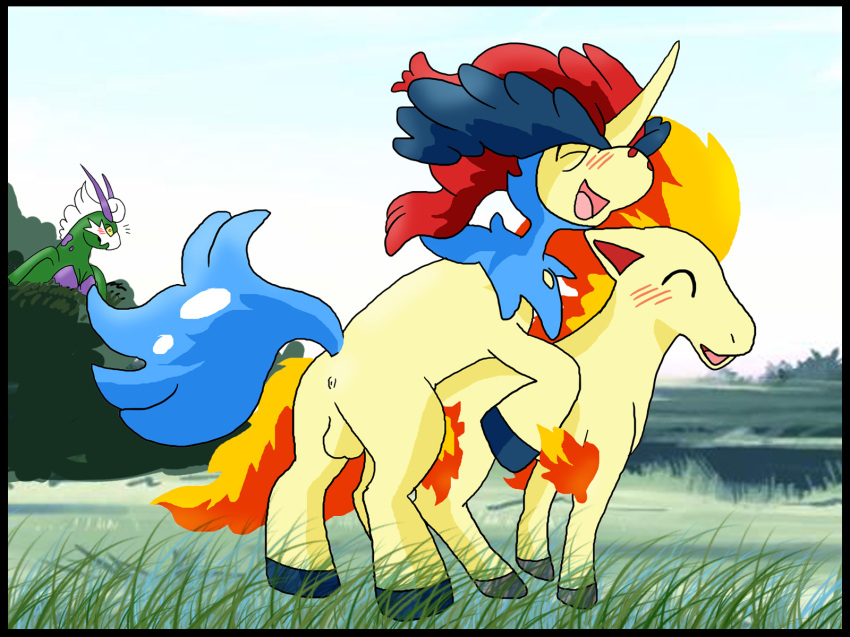 balls blush closed_eyes equine female feral from_behind happy happy_sex hikozarulove horse keldeo male pokemon pokemon_(species) pony ponyta sex straight tornadus voyeur