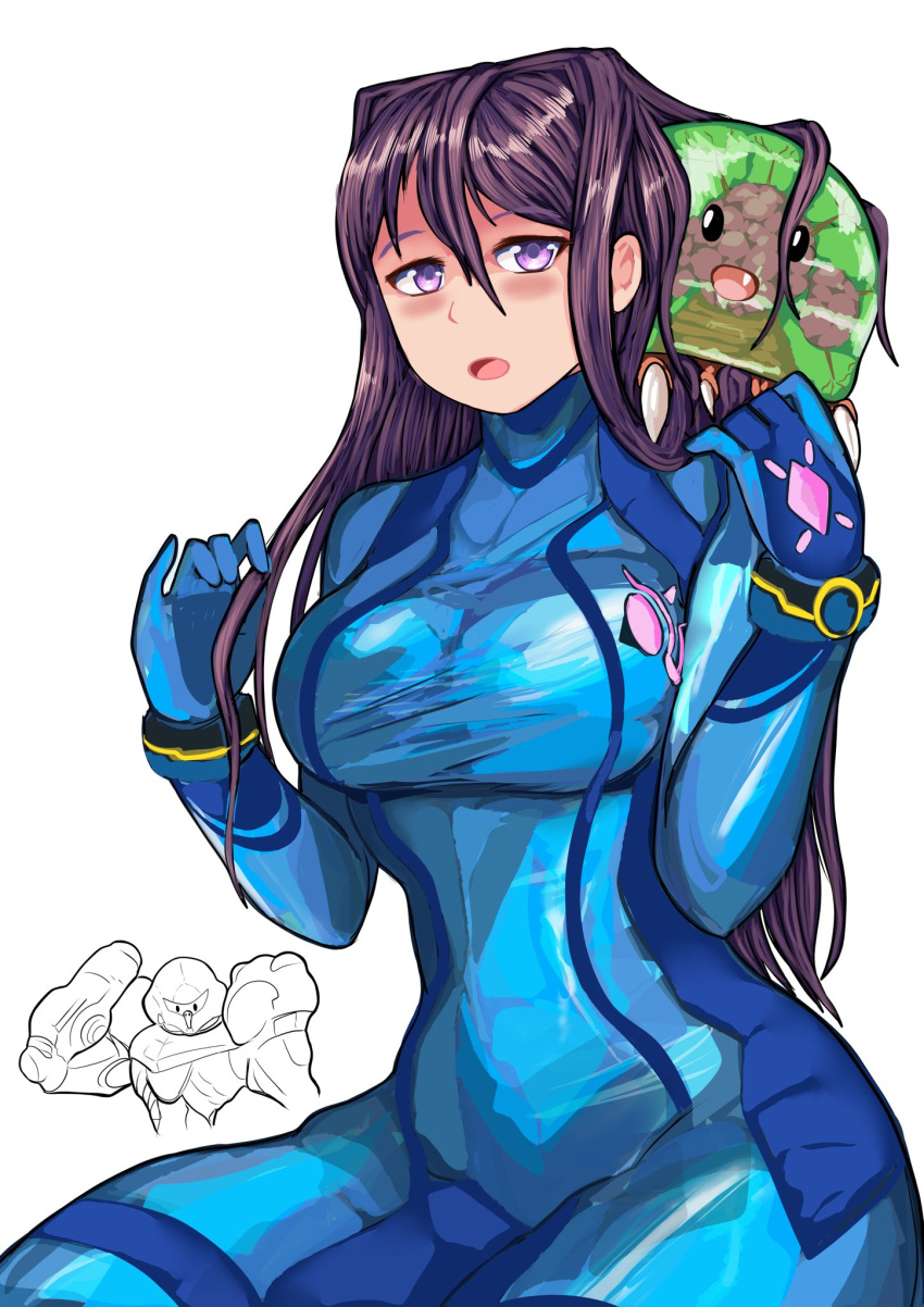 alternate_costume bluekapo breasts cosplay crossover doki_doki_literature_club female female_only metroid nintendo open_mouth purple_hair samus_aran_(cosplay) solo yuri_(doki_doki_literature_club) zero_suit zero_suit_samus_(cosplay)