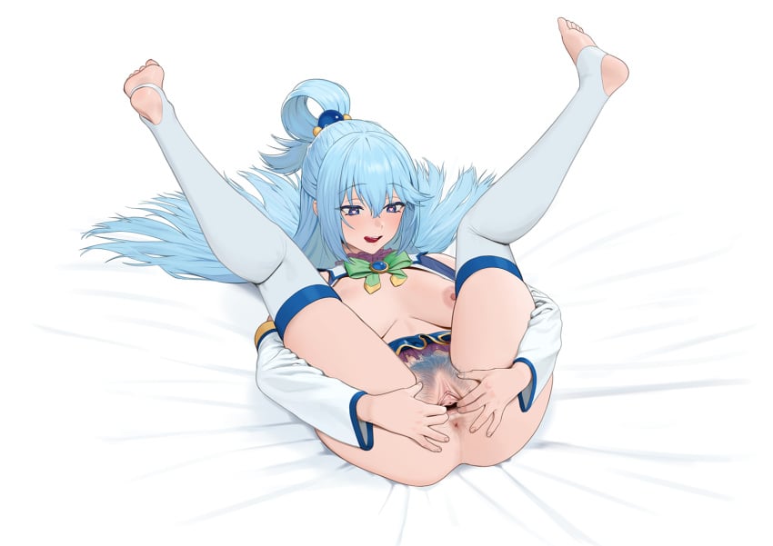 1girls anus aqua_(konosuba) ass bed blue_eyes blue_hair blue_pubic_hair blush bow breasts carlo_montie clitoris colored_pubic_hair commission detached_sleeves female female_pubic_hair folded hair_between_eyes hair_ornament hair_rings highres kono_subarashii_sekai_ni_shukufuku_wo! large_breasts laying_on_back laying_on_bed long_hair nipples ohisashiburi_(style) open_mouth pubic_hair pussy shirt skirt solo spread_pussy thighs toeless_legwear uncensored urethra very_long_hair