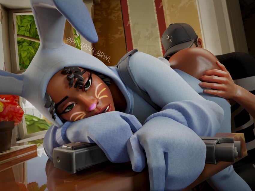 3d african afro ass black_hair bunny bunny_brawler bunny_costume bunny_ears bunny_girl bunny_tail bunnysuit curly_hair dark-skinned_female fortnite green_eyes lipstick looking_at_viewer looking_pleasured makeup male maranello_racer pistol raviana_brwl ripped_clothing ripped_pants thick_lips