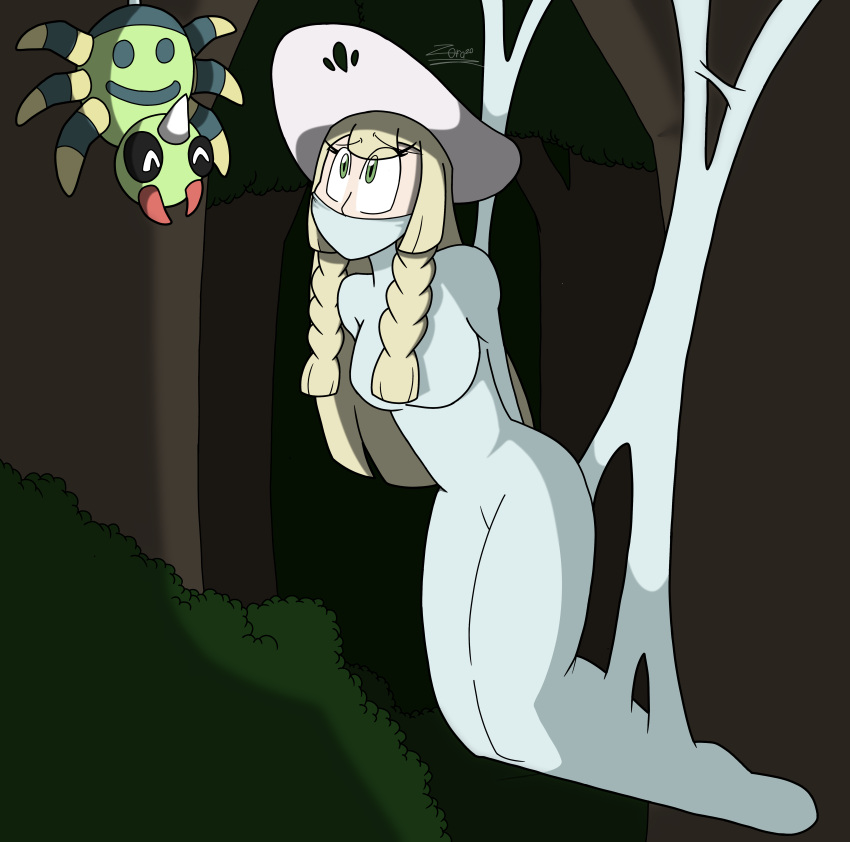 aged_up blonde_hair bondage braids green_eyes lillie_(pokemon) pokemon spinarak web_bondage web_gag