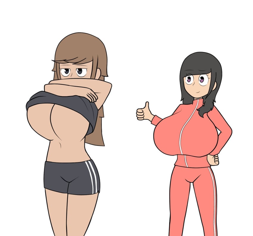 2girls annoyed big_breasts black_hair black_short_shorts black_sports_bra breasts brown_hair coach exercise female_only long_hair lucia_(mrwings) lucia_mendoza mrwings navel red_track_suit sara_(mrwings) sara_moren short_shorts shorts solo sports_bra tagme tanktop track_jacket track_pants underboob undressing