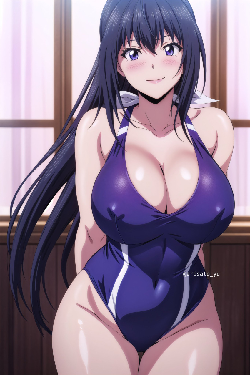 ai_generated arisato_yu blue_eyes blue_hair blue_hair_female blue_one-piece_swimsuit blue_swimsuit blue_swimwear kaminashi_nozomi keijo!!!!!!!! one-piece_swimsuit one_piece_swimsuit swimsuit swimwear