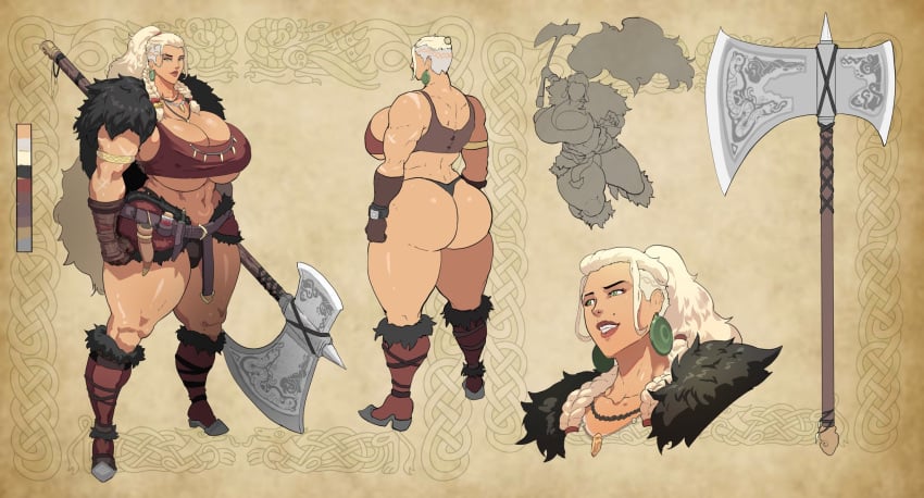 1girls 2023 adventurer ass axe barbarian big_ass big_breasts blonde_hair breasts bubble_butt busty clothing donaught female female_only huge_ass large_breasts leather original pelt reference_sheet sigrid_(space_left) solo space_left thick_thighs thunder_thighs weapon wide_hips