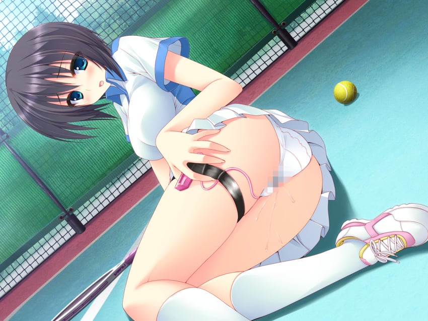 black_hair blush censored game_cg hoshizora_e_kakaru_hashi hoshizora_e_kakaru_hashi_aa naturalton panties pussy_juice short_hair tennis underwear vibrator yocchan