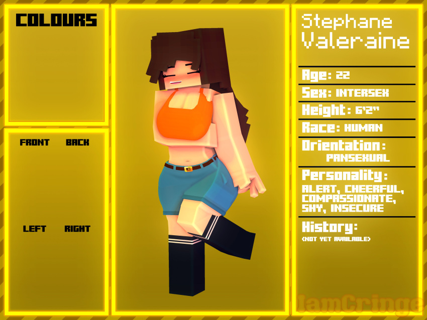 1futa 3d brown_hair character_profile character_sheet clothed_futanari futa_only futanari horny_futa human_futa iamcringe mine-imator minecraft pansexual ponytail skirt smile stephane_valeranie_(iamcringe) stockings tagme yellow_eyes