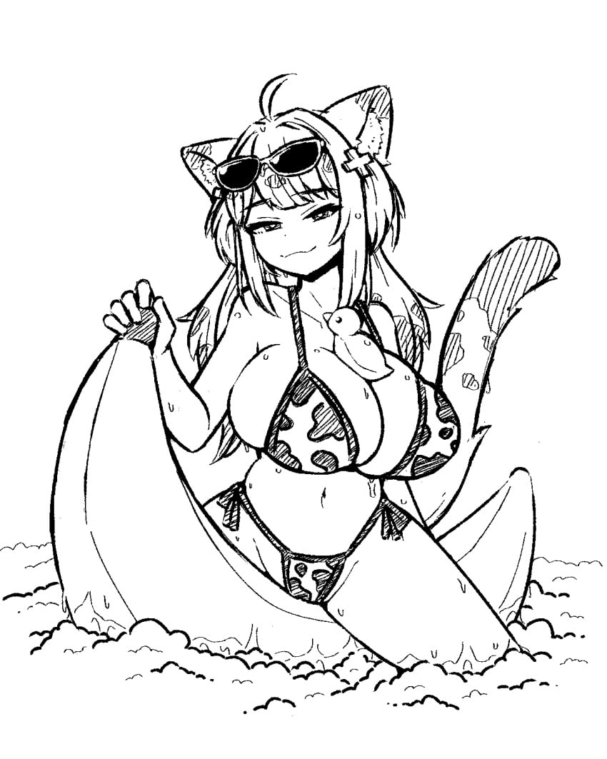 1girls 2023 alternate_breast_size animal_ears banana bikini bikini_bottom bikini_top bubble cow_print cow_print_bikini female female_only fuura_yuri glasses inksgirls large_breasts monochrome phase_connect phase_invaders rubber_duck smug snow_leopard snow_leopard_ears snow_leopard_girl snow_leopard_tail solo sunglasses sunglasses_on_head thick_thighs virtual_youtuber vtuber x_hair_ornament