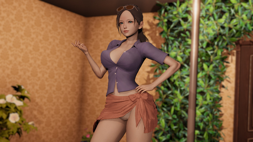 3d big_breasts black_hair blue_eyes breasts female female_only honey_select honey_select_2 kazuki-chan looking_at_viewer nico_robin one_piece pose posing stage standing sunglasses_on_head vagina wide_hips